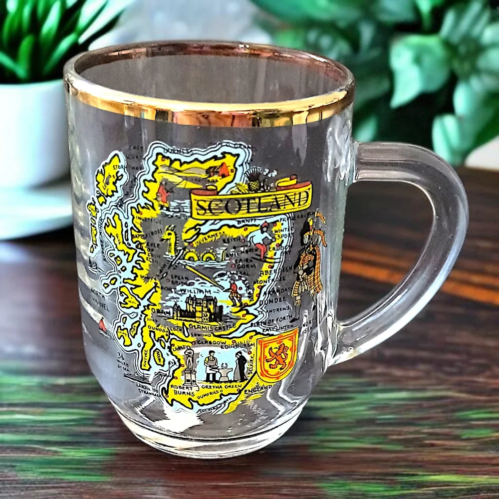 Vtg Scotland Souvenir Glass Mug Cup Gold Trim Transfer Ware‎ Map Highland Arts